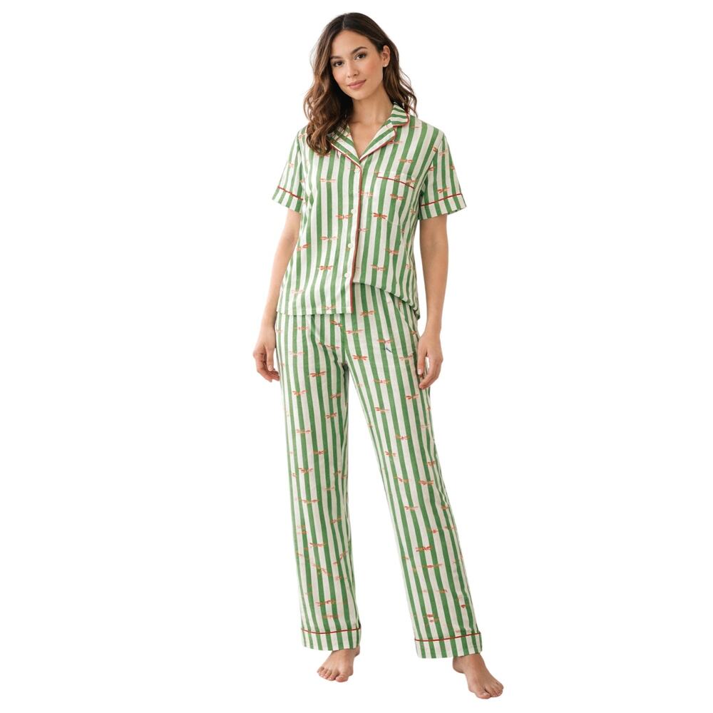 Kate Spade Pajama Set Striped Dragonfly Green Pink Size S Lounge Preppy Cozy